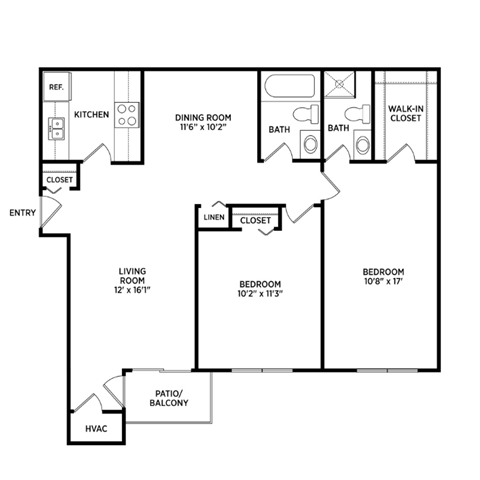 2 bedroom apartment floor plan in East Lansing near Michigan State University